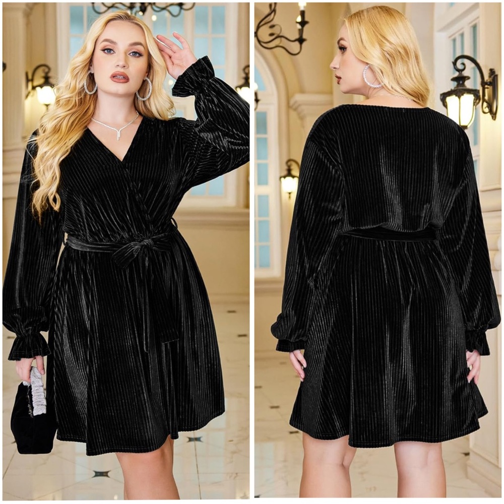 Women's Plus Size Long Sleeve Velvet Pleated Waist Dress 16W/1X